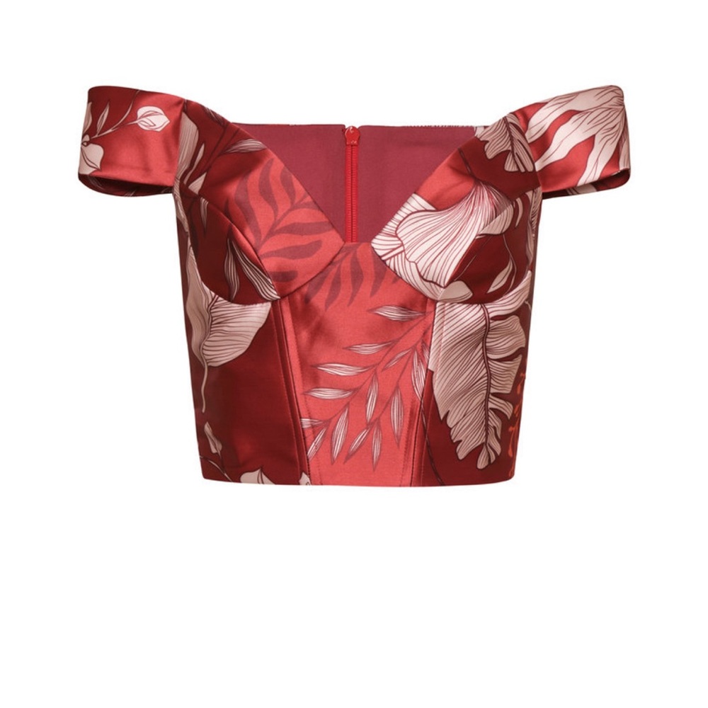 Off-Shoulder Floral Satin Crop Top in Red